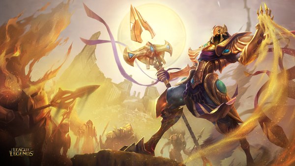 Anime picture 1920x1080 with league of legends azir (league of legends) tagme (artist) highres wide image standing holding official art from below group fighting stance glow army ribbon (ribbons) weapon armor