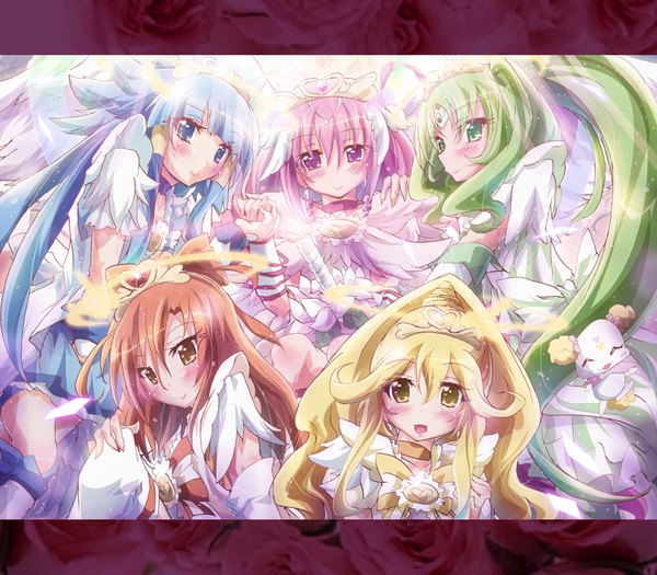 Anime picture 1600x1400 with precure smile precure! toei animation aoki reika kise yayoi midorikawa nao hoshizora miyuki hino akane (smile precure!) cure beauty cure peace cure happy cure march cure sunny inoshishi (ikatomo) long hair blush open mouth blue eyes blonde hair brown hair