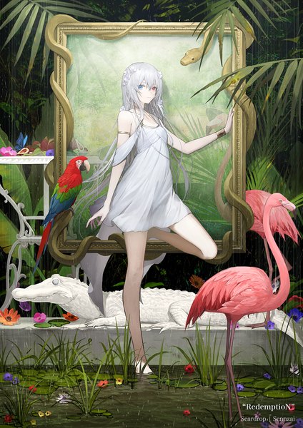 Anime picture 919x1300 with original megusuri single long hair tall image looking at viewer fringe breasts blue eyes hair between eyes red eyes standing bare shoulders payot silver hair full body bent knee (knees) outdoors barefoot hair flower