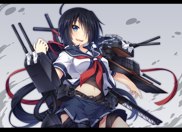 Anime picture 4877x3541 with kantai collection kako heavy cruiser wakagi repa single looking at viewer blush highres short hair open mouth blue eyes black hair absurdres letterboxed girl skirt weapon miniskirt sailor suit
