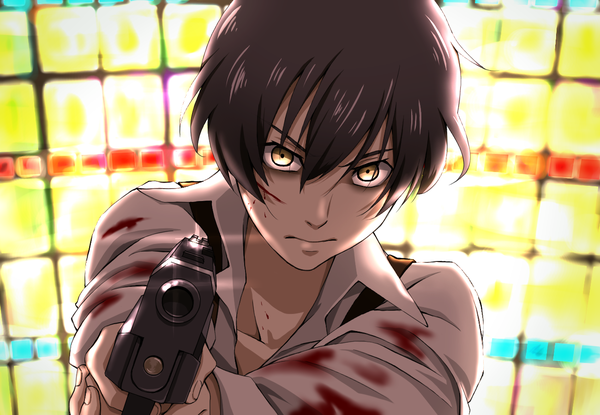 Anime picture 1300x900 with 91 days avilio bruno shelty single looking at viewer fringe short hair hair between eyes brown hair yellow eyes upper body blood on face bloody clothes blood stains boy weapon shirt gun blood pistol