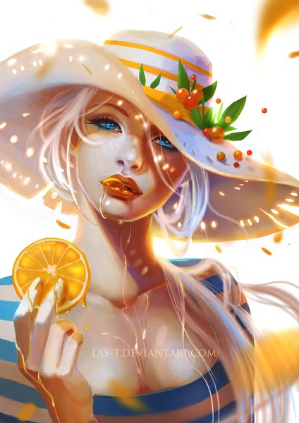 Anime picture 800x1132 with original orangina las-t (artist) single long hair tall image looking at viewer blue eyes white background signed white hair lips lipstick red lipstick girl hat fruit drink orange (fruit) juice