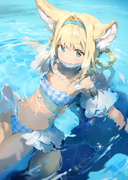 Anime picture 2862x4008 with arknights suzuran (arknights) anmi single tall image looking at viewer blush fringe highres short hair blue eyes blonde hair animal ears payot tail animal tail from above sparkle partially submerged hair rings