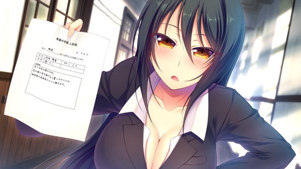 Anime picture 1280x720 with kimi to koi suru gakuen kissa single long hair looking at viewer blush breasts open mouth light erotic black hair wide image yellow eyes game cg cleavage teacher girl