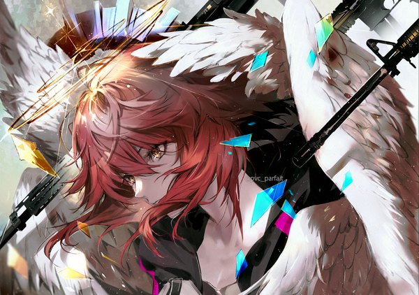 Anime picture 1093x769 with arknights exusiai (arknights) pvc parfait single fringe short hair hair between eyes signed yellow eyes upper body red hair profile twitter username girl wings halo