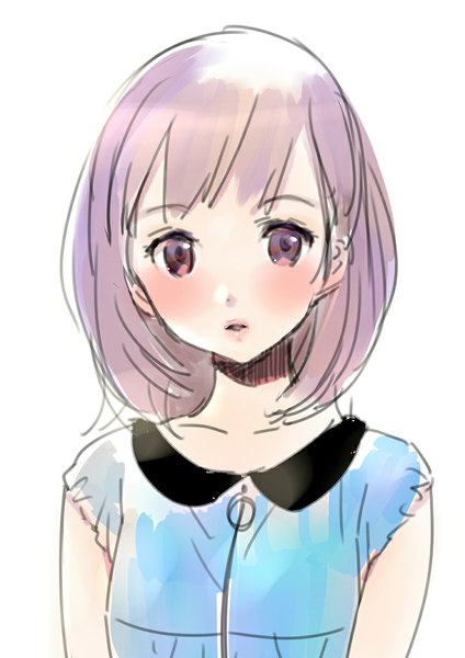 Anime picture 744x1053 with original morikura en single tall image looking at viewer blush fringe short hair simple background white background purple eyes purple hair parted lips portrait girl