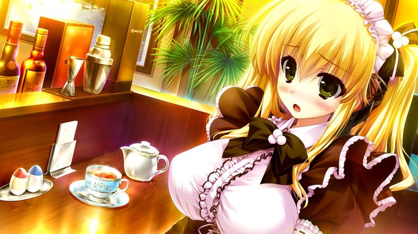 Anime picture 2560x1440 with prism recollection uisaki hinano shintarou single long hair blush highres breasts open mouth blonde hair wide image large breasts twintails green eyes game cg maid girl dress hair ornament ribbon (ribbons)