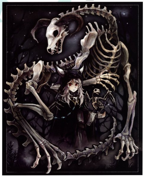 Anime picture 2154x2635 with original pixiv fantasia pixiv fantasia v nemu lsaya tall image looking at viewer fringe highres red eyes silver hair bare tree goth-loli gothic bone (bones) girl dress plant (plants) tree (trees) hood star (stars)