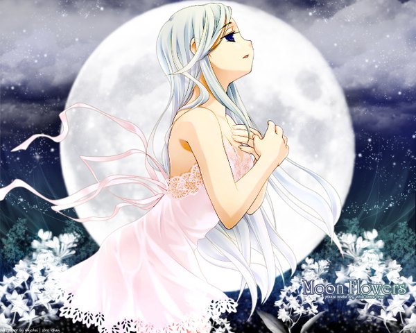 Anime picture 1280x1024 with original takigawa yuu sere-chan single long hair blue eyes bare shoulders payot looking away silver hair cloud (clouds) outdoors profile sparkle text floating hair english third-party edit hands clasped girl