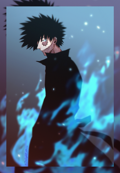 Anime picture 800x1159 with boku no hero academia studio bones dabi (boku no hero academia) delight hsia single tall image looking at viewer fringe short hair blue eyes black hair simple background smile standing profile piercing glowing ear piercing scar blue background