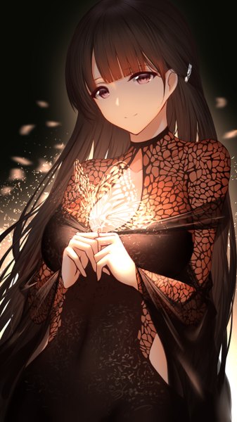 Anime picture 2894x5144 with original an yasuri single long hair tall image looking at viewer fringe highres breasts simple background smile red eyes brown hair standing cleavage upper body blunt bangs long sleeves head tilt blurry