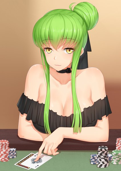 Anime picture 1240x1754 with code geass sunrise (studio) c.c. anarchojs single long hair tall image looking at viewer blush fringe breasts light erotic hair between eyes bare shoulders yellow eyes payot cleavage upper body green hair light smile