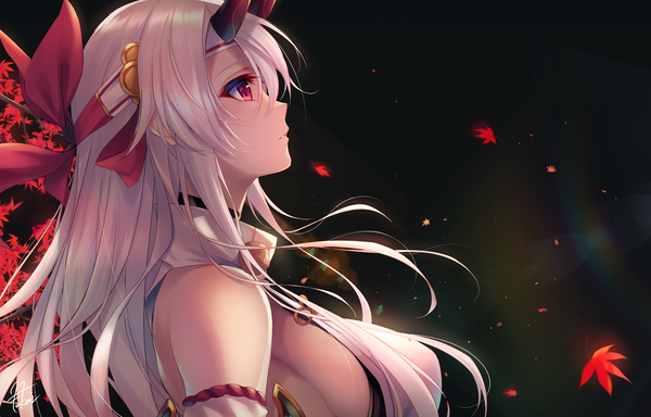 Anime picture 1140x730 with fate (series) fate/grand order tomoe gozen (fate) fukai ryosuke single long hair blush fringe breasts light erotic hair between eyes red eyes bare shoulders signed silver hair upper body traditional clothes parted lips japanese clothes profile