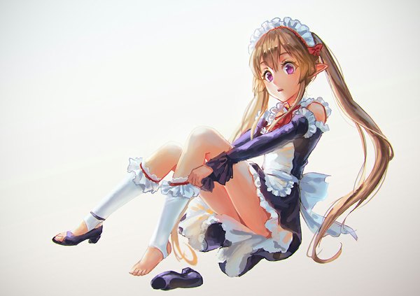 Anime picture 1120x790 with outbreak company feel (studio) myucel foalan rakuhei (artist) single long hair looking at viewer blush fringe open mouth simple background brown hair sitting twintails pink eyes pointy ears grey background maid no shoes surprised