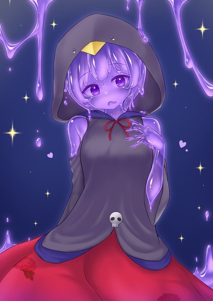 Anime picture 1451x2048 with virtual youtuber indie virtual youtuber maggie edana curss single tall image looking at viewer short hair open mouth purple eyes purple hair monster girl monsterification slime girl girl skirt hood hoodie red skirt skull