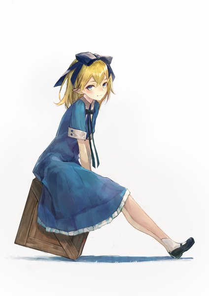 Anime picture 1240x1754 with original kobuta single tall image looking at viewer blush short hair blue eyes simple background blonde hair white background sitting full body pointy ears elf frilled dress girl dress bow hair bow