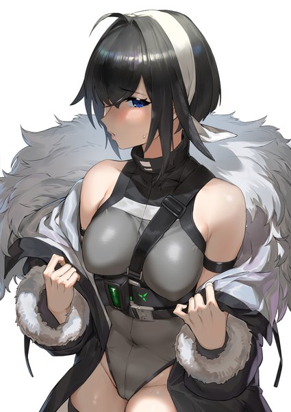 Anime picture 2150x3035 with arknights la pluma (arknights) dawalixi single tall image looking at viewer blush fringe highres short hair breasts open mouth blue eyes light erotic black hair simple background hair between eyes large breasts standing white background