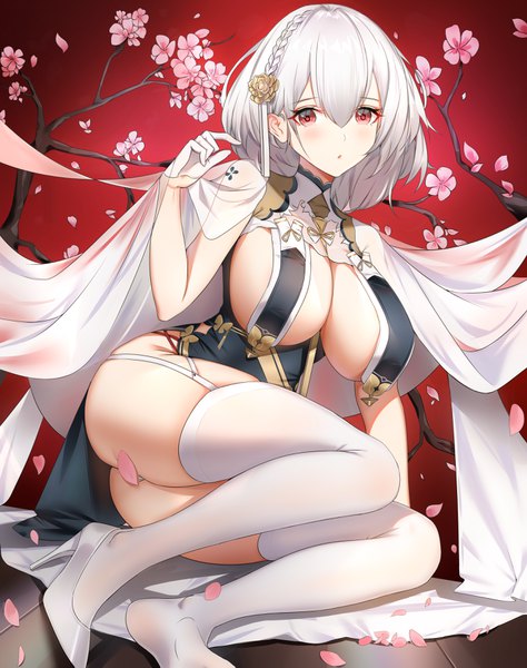 Anime picture 2804x3550 with azur lane sirius (azur lane) sirius (azure horizons) (azur lane) wu ganlan cai single tall image looking at viewer blush fringe highres short hair breasts light erotic simple background hair between eyes large breasts sitting bent knee (knees) ass braid (braids)