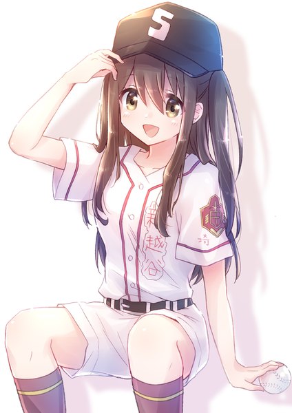Anime picture 2894x4093 with tamayomi takeda yomi nyaa (nnekoron) single long hair tall image fringe highres open mouth simple background hair between eyes brown hair white background sitting brown eyes shadow two side up adjusting hat girl uniform