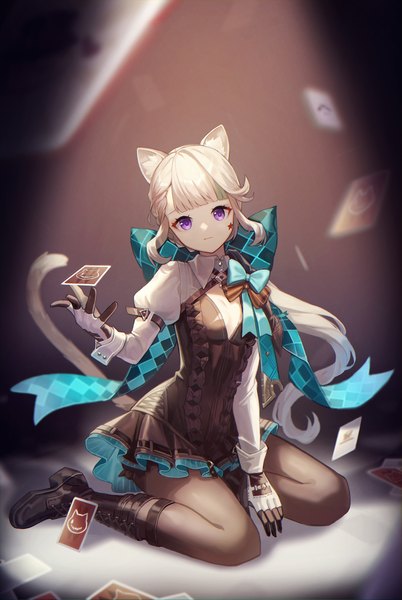 Anime picture 1556x2320 with genshin impact lynette (genshin impact) kino (m6t2a) single long hair tall image fringe sitting purple eyes animal ears tail blunt bangs animal tail grey hair cat ears cat girl cat tail puffy sleeves low ponytail expressionless