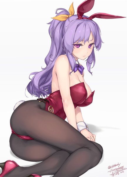 Anime picture 648x900 with touhou watatsuki no yorihime rokuwata tomoe single long hair tall image looking at viewer fringe light erotic simple background purple eyes signed animal ears cleavage purple hair ponytail grey background shadow dated fake animal ears