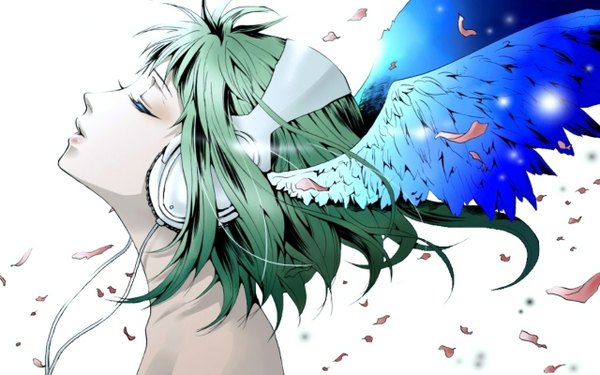 Anime picture 1280x800 with vocaloid gumi hakuseki single fringe short hair simple background wide image white background bare shoulders eyes closed profile green hair wind lips eyeshadow head wings girl petals wings