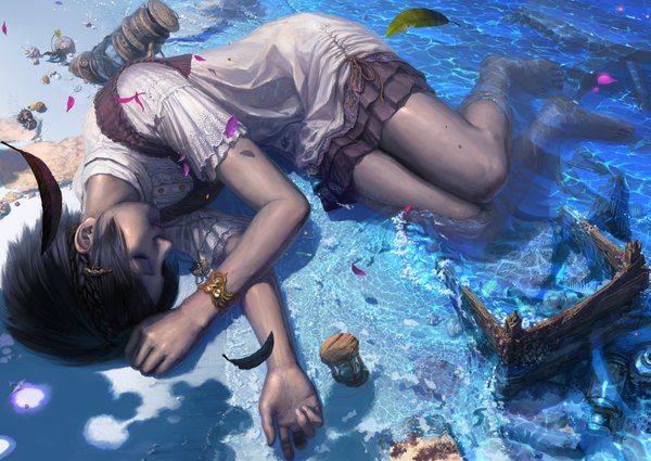 Anime picture 3486x2473 with original reishin single highres short hair black hair absurdres full body bent knee (knees) lying braid (braids) eyes closed barefoot realistic bare legs shadow short sleeves partially submerged on side revision