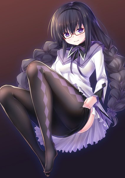 Anime picture 764x1080 with mahou shoujo madoka magica shaft (studio) akemi homura zha yu bu dong hua single long hair tall image looking at viewer blush fringe light erotic black hair simple background purple eyes bent knee (knees) braid (braids) twin braids gradient background undressing rhombus