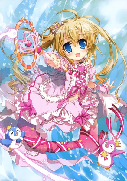 Anime picture 2452x3500 with cardfight vanguard top idol pacifica fujima takuya single long hair tall image blush highres open mouth blue eyes blonde hair twintails girl dress ribbon (ribbons) water bubble (bubbles) crown mermaid penguin
