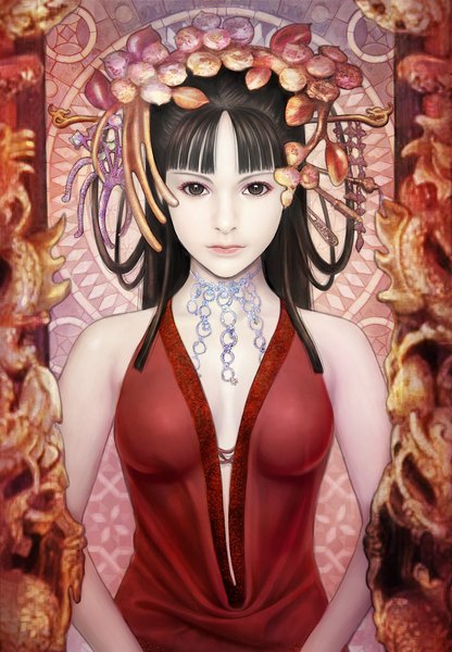Anime picture 1071x1543 with eat0123 single long hair tall image looking at viewer fringe black hair bare shoulders black eyes girl hair ornament leaf (leaves) necklace