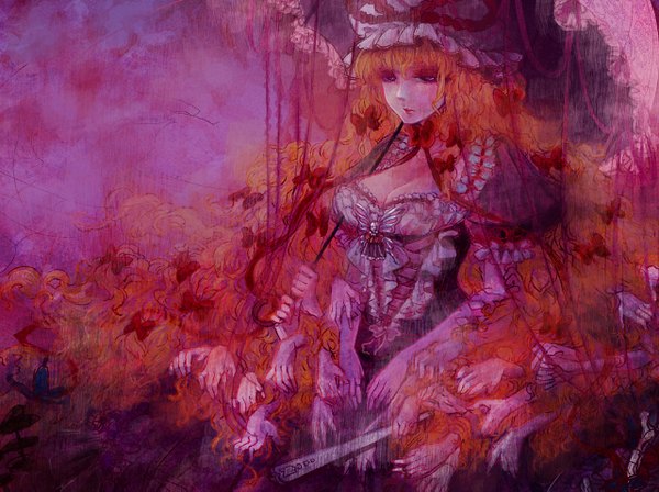 Anime picture 1280x957 with touhou yakumo yukari takatora single long hair breasts light erotic blonde hair cleavage very long hair lips red lipstick expressionless gap girl bow hair bow frills umbrella bonnet