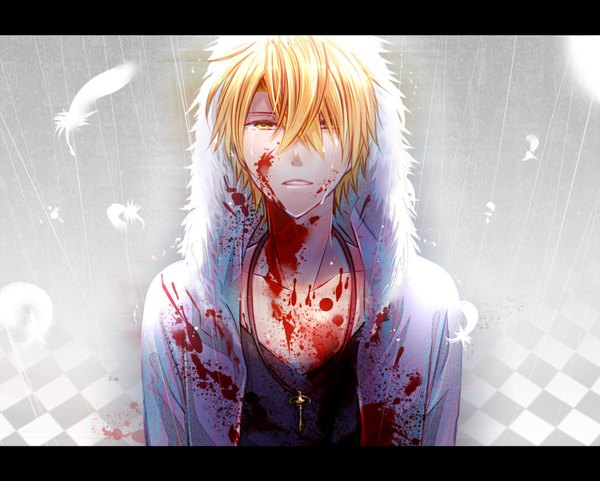 Anime picture 1000x802 with amnesia idea factory toma (amnesia) yamika single fringe short hair open mouth blonde hair yellow eyes hair over one eye open clothes open jacket tears letterboxed rain checkered floor floor blood on face bloody clothes