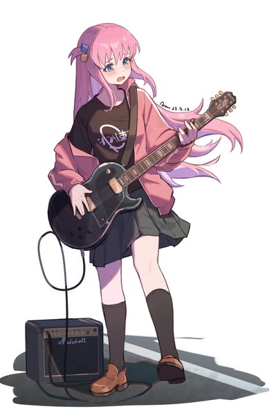 Anime picture 3274x5052 with bocchi the rock! cloverworks gotou hitori chiyo akira single long hair tall image fringe highres blue eyes simple background white background looking away pink hair absurdres full body one side up dated playing instrument girl
