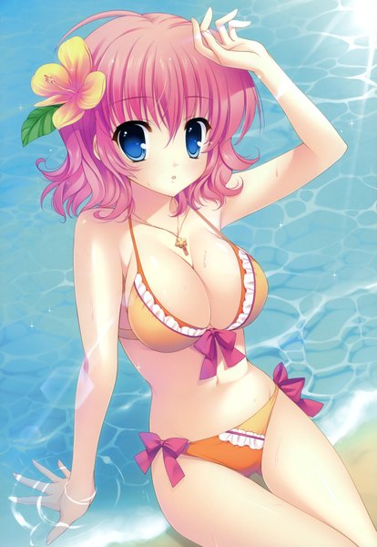 Anime picture 2414x3500 with yuyukana himezono risa mitha tall image highres short hair breasts blue eyes light erotic pink hair cleavage ahoge hair flower light girl hair ornament swimsuit bikini water