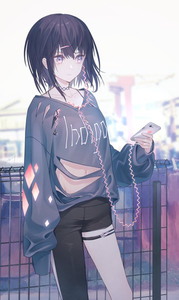 Anime picture 1450x2426 with original haizome senri single tall image fringe short hair black hair hair between eyes standing holding looking away blurry midriff torn clothes city sleeves past wrists silver eyes clothes writing girl navel