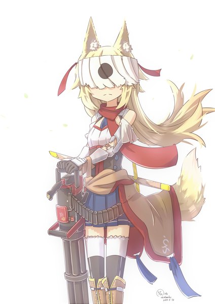 Anime picture 2480x3508 with original hinbackc single long hair tall image highres simple background blonde hair standing white background holding signed animal ears tail animal tail pleated skirt zettai ryouiki fox ears dated fox tail