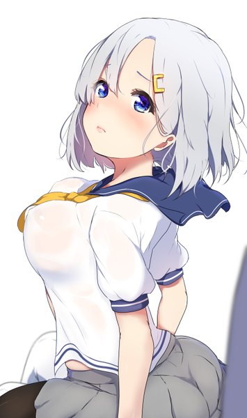 Anime picture 1824x3080 with kantai collection hamakaze destroyer icehotmilktea single tall image blush highres short hair breasts blue eyes light erotic simple background hair between eyes large breasts white background sitting from above grey hair looking up girl