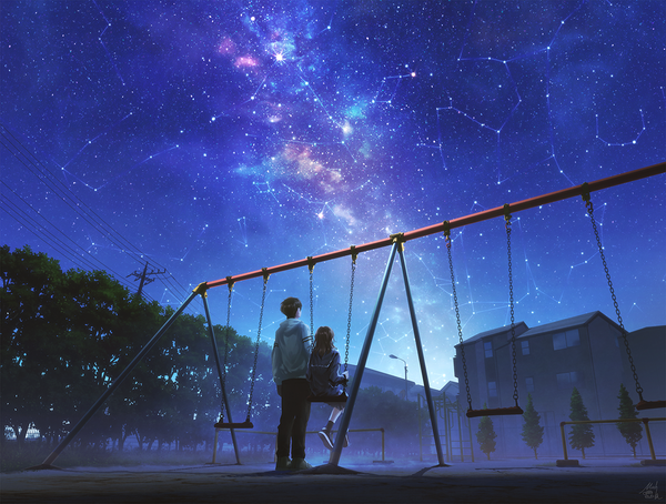 Anime picture 1300x983 with original mocha (cotton) long hair short hair black hair standing sitting sky full body outdoors from behind night night sky constellation milky way girl boy uniform plant (plants) tree (trees)