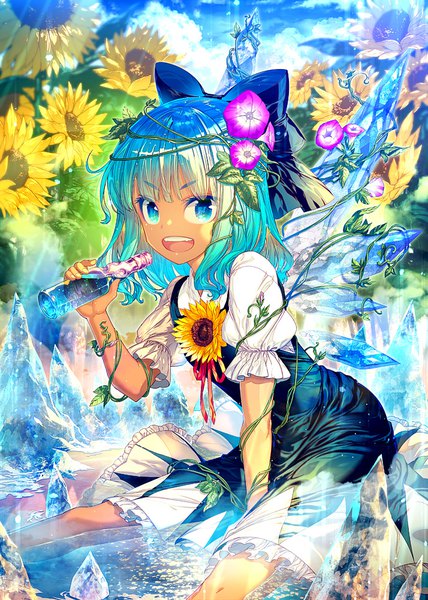 Anime picture 714x1000 with touhou cirno tanned cirno zounose single tall image looking at viewer short hair open mouth blue eyes sitting blue hair hair flower teeth puffy sleeves summer tan girl dress flower (flowers)