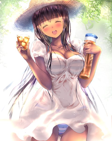 Anime picture 827x1040 with original ponytail korosuke single long hair tall image blush fringe breasts open mouth light erotic black hair large breasts holding cleavage eyes closed head tilt :d sunlight teeth short sleeves