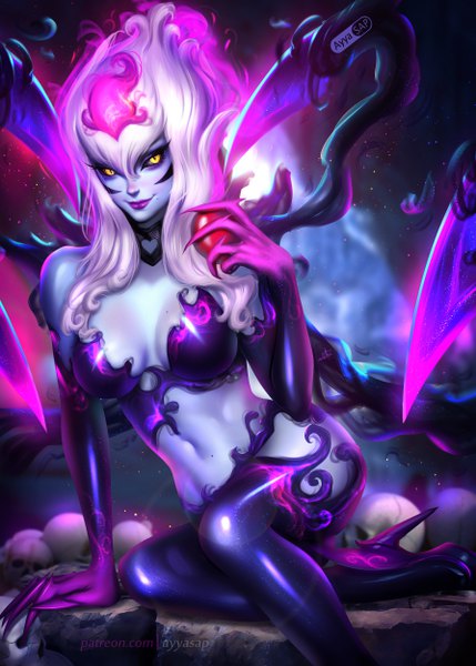 Anime picture 3572x5000 with league of legends evelynn (league of legends) ayyasap single long hair tall image looking at viewer fringe highres breasts light erotic smile hair between eyes large breasts sitting holding signed yellow eyes absurdres full body
