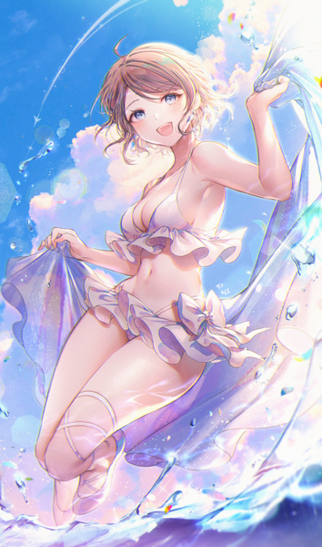 Anime picture 700x1185 with love live! sunshine!! sunrise (studio) love live! watanabe you ozzingo single tall image looking at viewer blush fringe short hair open mouth blue eyes light erotic smile brown hair holding sky cloud (clouds) full body