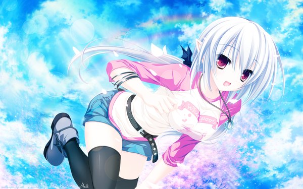 Anime picture 1920x1200 with suzukaze no melt whirlpool (studio) suzu (suzukaze no melt) tenmaso single long hair highres open mouth red eyes wide image white hair pointy ears girl thighhighs black thighhighs petals shorts