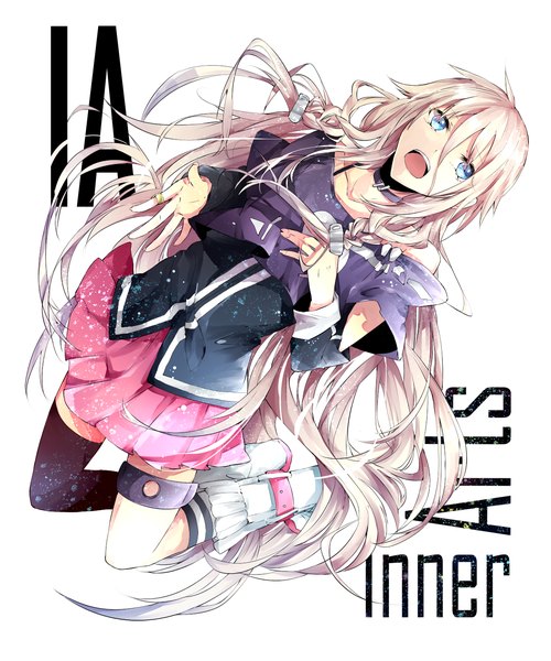 Anime picture 1250x1500 with vocaloid ia (vocaloid) manako (manatera) single tall image looking at viewer open mouth blue eyes blonde hair braid (braids) very long hair character names twin braids jumping girl thighhighs skirt miniskirt boots single thighhigh