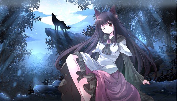 Anime picture 2205x1254 with touhou imaizumi kagerou risutaru single long hair looking at viewer fringe highres black hair smile wide image sitting brown eyes animal ears payot cloud (clouds) bent knee (knees) outdoors tail animal tail