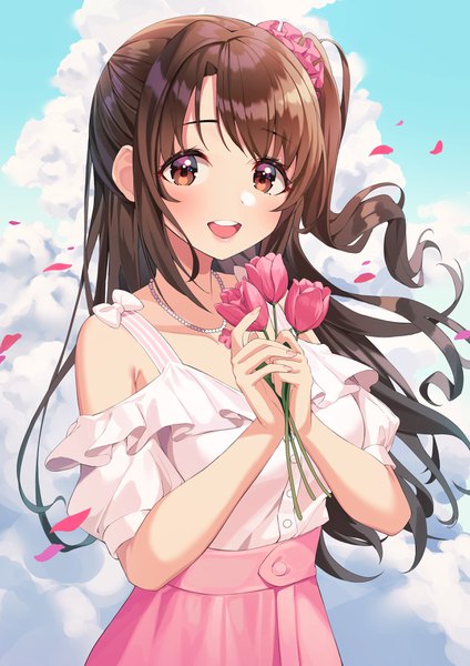 Anime picture 2480x3508 with idolmaster idolmaster cinderella girls shimamura uzuki munseonghwa single long hair tall image looking at viewer blush fringe highres open mouth smile brown hair bare shoulders holding brown eyes payot sky cloud (clouds)