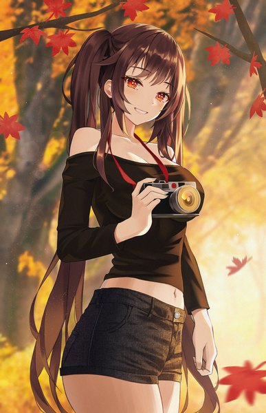Anime picture 1855x2878 with genshin impact hu tao (genshin impact) hyonee single long hair tall image looking at viewer blush fringe highres breasts smile red eyes brown hair standing twintails holding outdoors long sleeves off shoulder