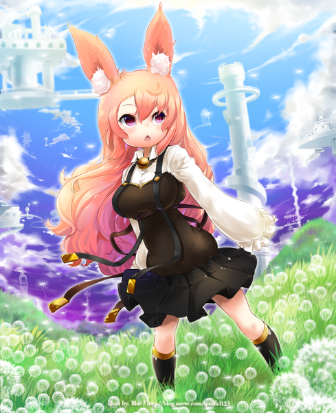 Anime picture 1100x1350 with tera online blat (artist) single long hair tall image blush breasts open mouth blonde hair purple eyes animal ears looking away cloud (clouds) girl dress plant (plants) socks black socks grass
