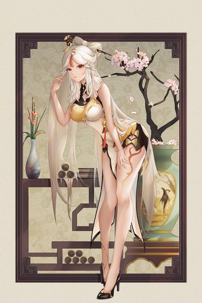 Anime picture 2941x4411 with genshin impact ningguang (genshin impact) liu liaoliao single tall image looking at viewer fringe highres breasts light erotic standing full body white hair very long hair nail polish traditional clothes arm up light smile bare legs orange eyes