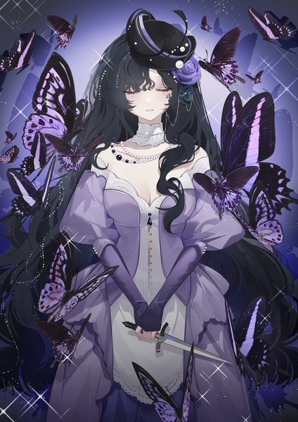 Anime-Bild 4595x6500 mit reverse:1999 isolde (reverse:1999) zaocan nai cha single tall image highres black hair standing absurdres cleavage eyes closed long sleeves very long hair sparkle sleeves past wrists girl dress weapon hat insect